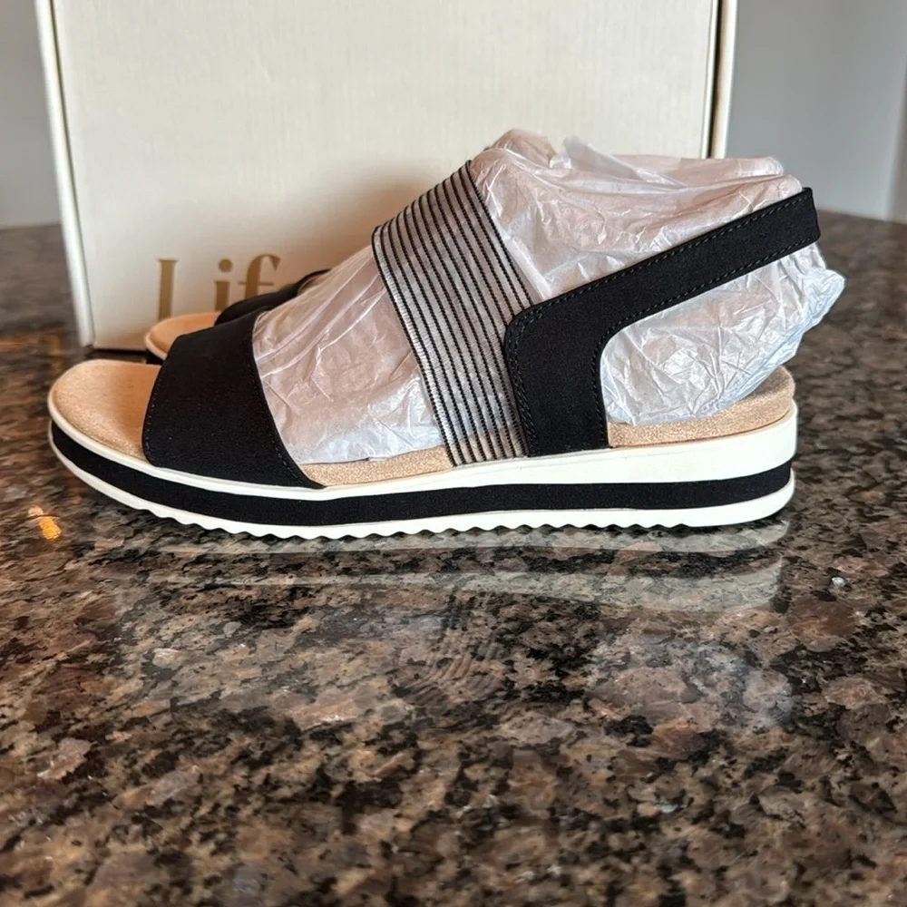 LifeStride Zing open toe wedge black micron NIB 8.5W
